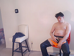 A Male Hunky Bodybuilder Strips Down From Shoulder Pads & Thong & Chaps To Jerk&cum!
