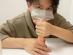 Male College Student Blows A Thick Dildo