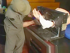 Restrained jock Slava tickled by foot fetish duo