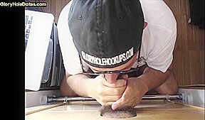 Mature gloryhole amateur gay blows BFs dick through hole