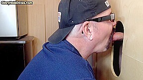 Senior gloryhole amateur DILF blows BFs dick through hole